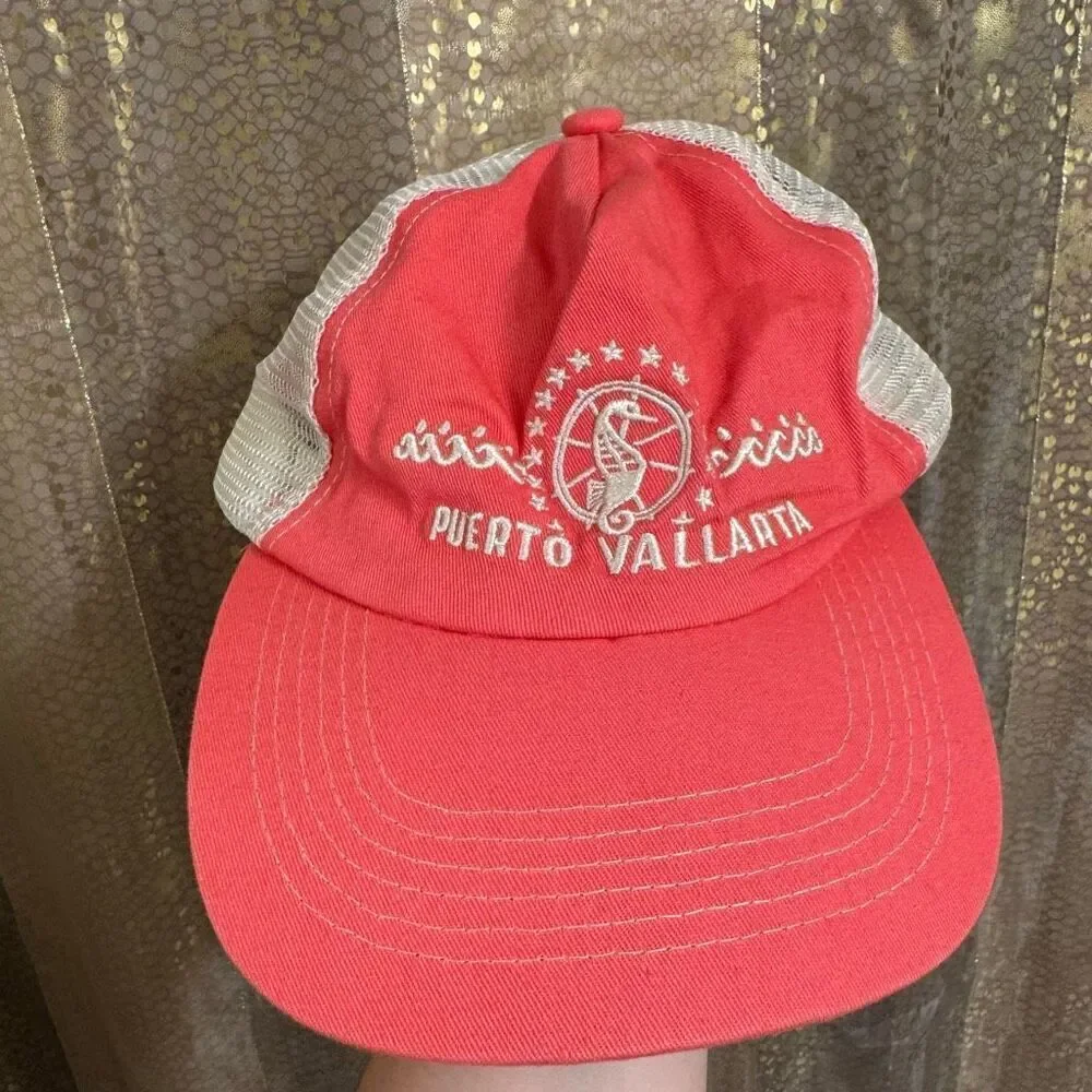 Free People Puerto Vallarta Pink Coral Ivory Adjustable Trucker Hat OS